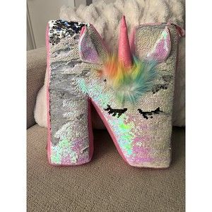 NWT Sequined Justice Unicorn Throw Pillow Letter N